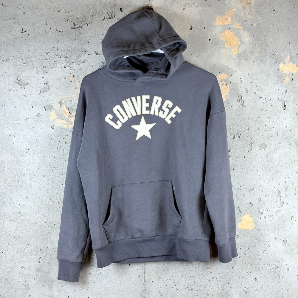 Converse Hoodie Boy's L Black Fleece Lined Ribbed Hem Kangaroo Pockets Pullover